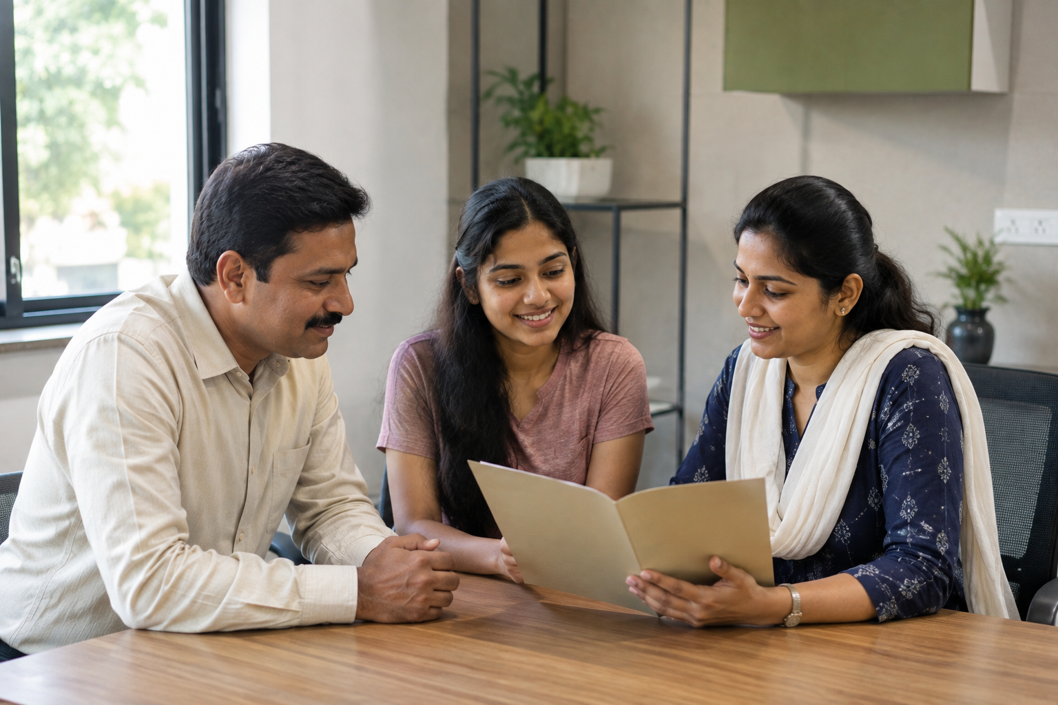 Student and parent discussing overseas education plans with an advisor