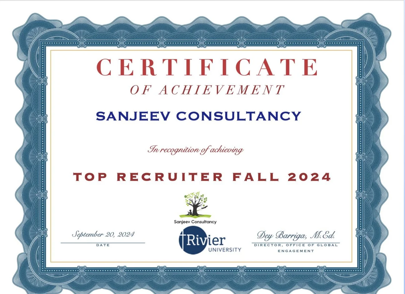 Certificate of achievement for Sanjeev Consultancy as Top Recruiter Fall 2024 from Trivier University