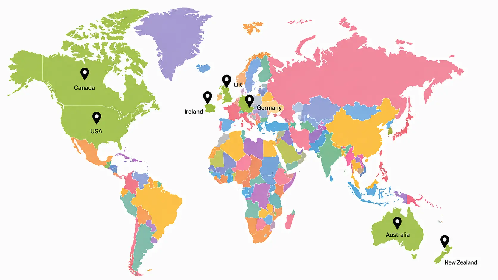 World map highlighting Canada, the USA, Ireland, the UK, Germany, Australia, and New Zealand.