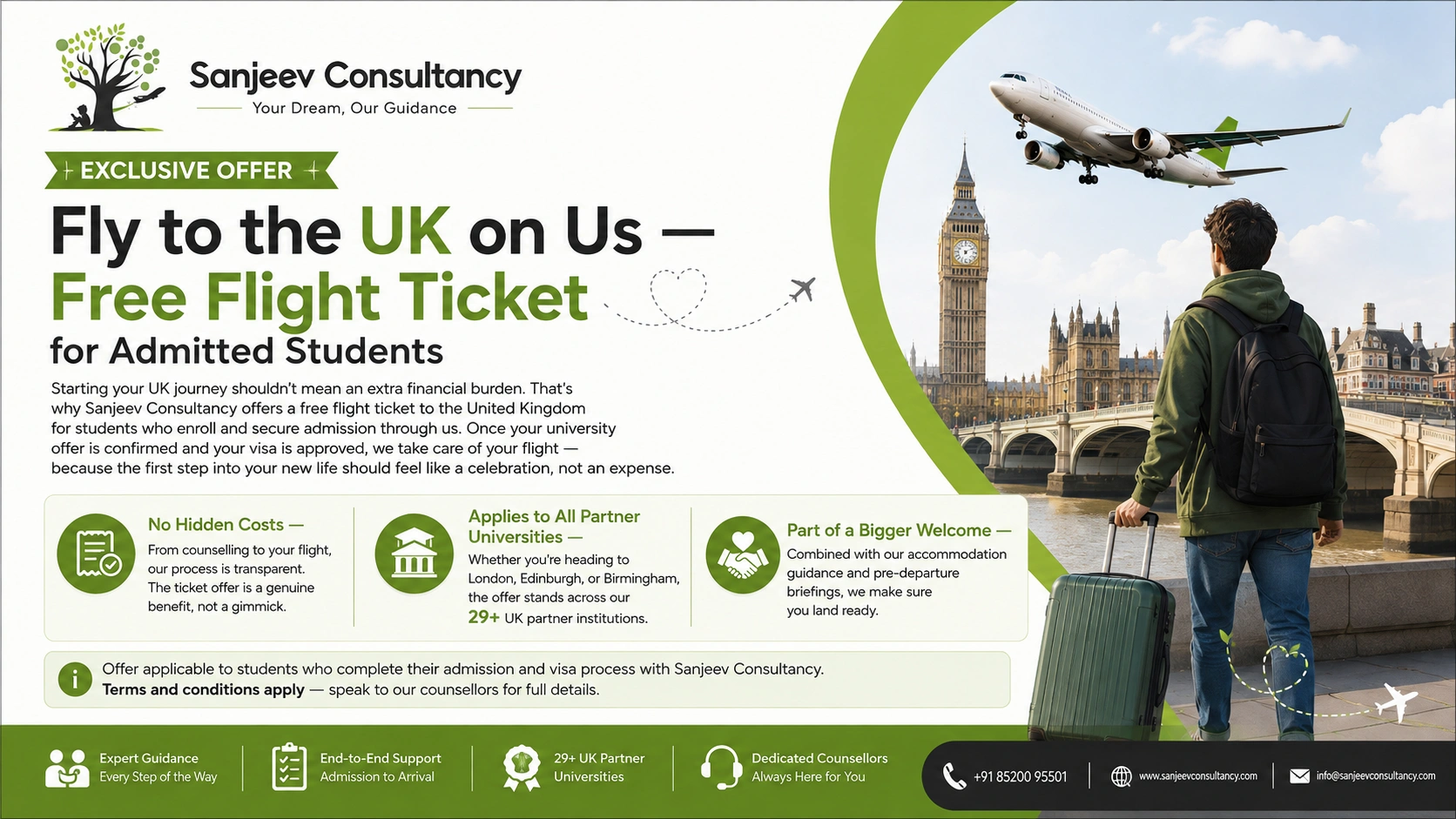 Sanjeev Consultancy exclusive offer: free flight ticket for admitted UK students